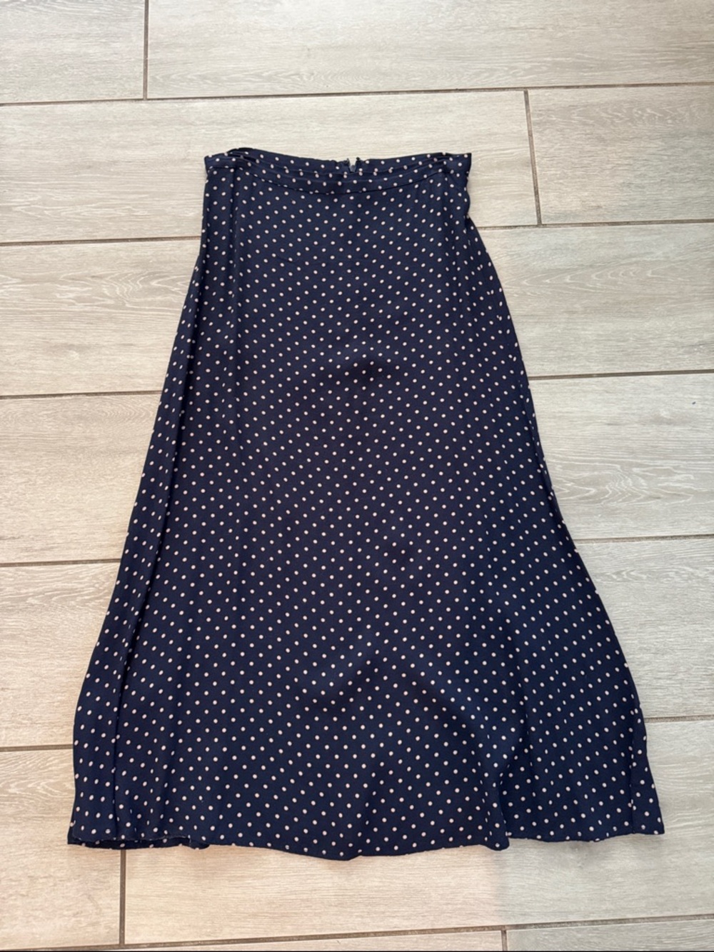 Reformation Navy Skirt with Ivory Polka Dots